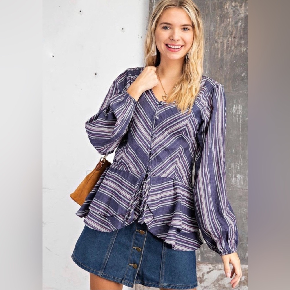 KORI Striped Button Up Peplum Blouse NWT Purple